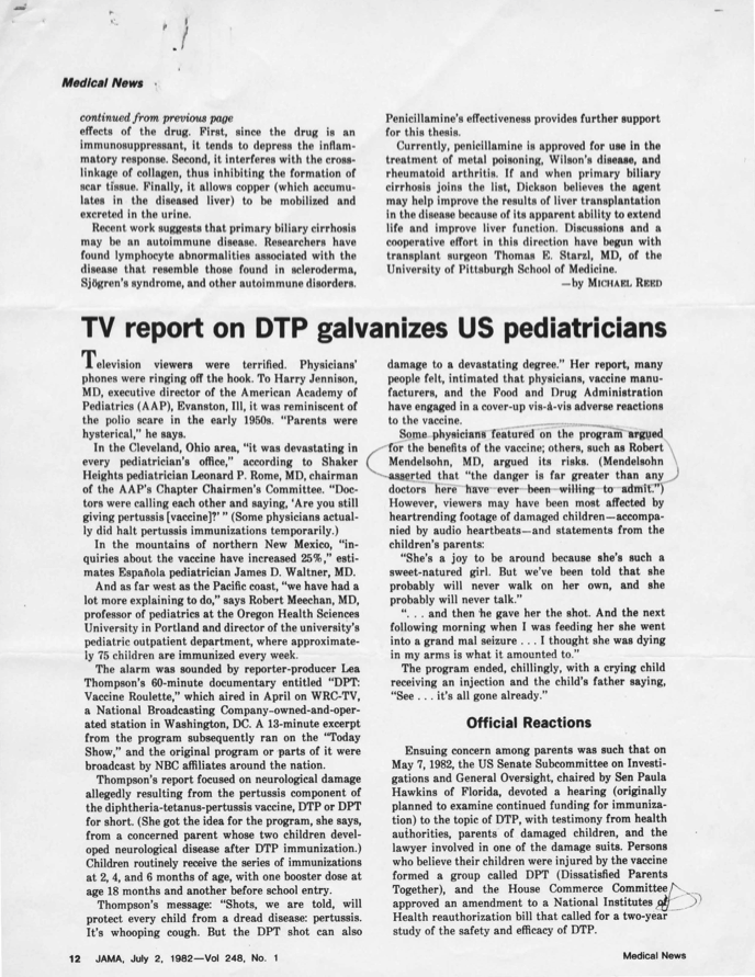 TV report on DTP galvanizes US pediatricians,” “Newer pertussis vaccines on horizon,” & “Untoward effect of a face peel: toxic shock syndrome