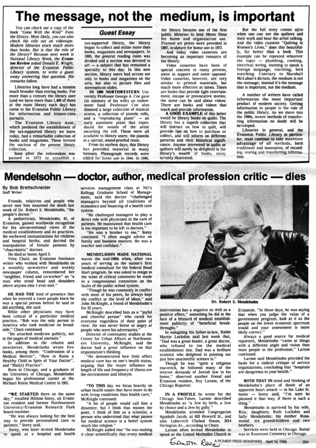 Obituary by Bob Brettschneider, Evanston Review staff writer: “Mendelsohn – doctor, author, medical profession critic – dies”