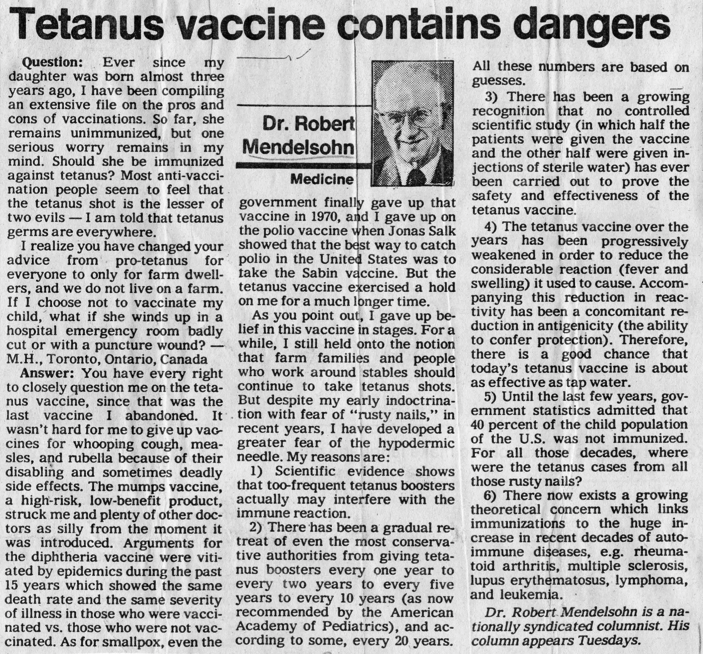 Tetanus vaccine contains dangers