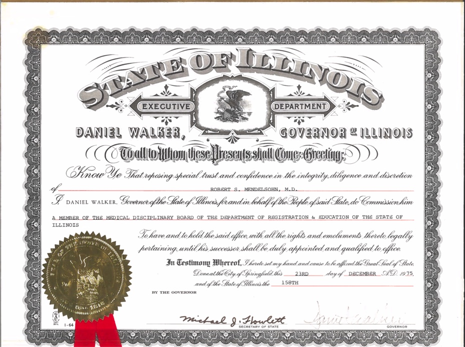 Certificate of Dr. Mendelsohn as member of Medical Disciplinary Board, State of Illinois